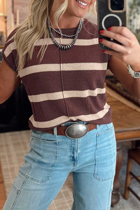 Striped Pattern Knit Western Short Sleeve Sweater