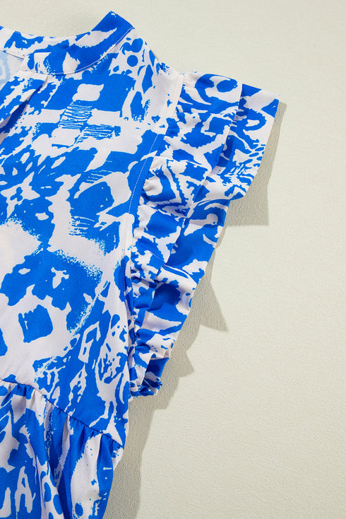 Exclusive Floral Print V Neck Ruffle Sleeve A Line Dress