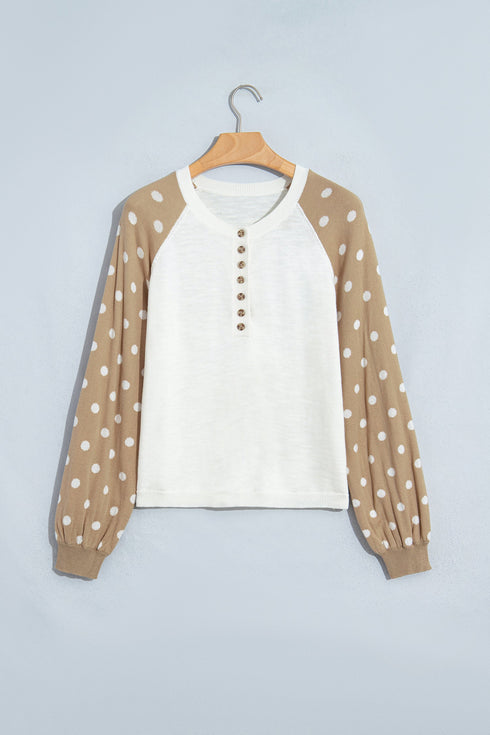 Polka Dot Button V Neck Long Sleeve Sweater