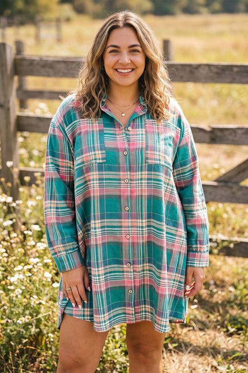 Plaid Button Up Shift Long Sleeve V Neck Mini Dress