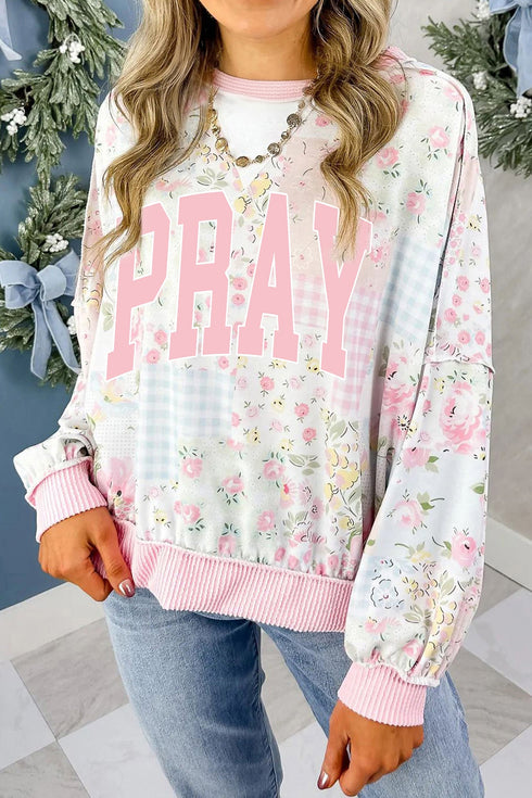 Pray Graphic Floral Mixed Print Patchwork Knit Sweatshirt