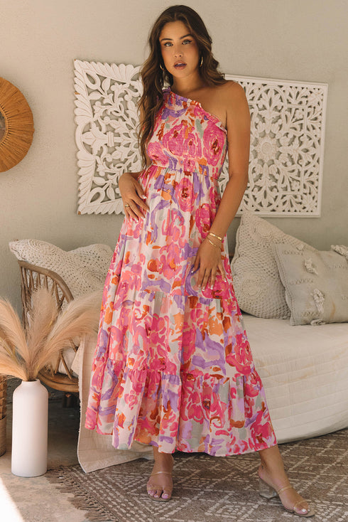 Abstract Floral Shirred One Shoulder Maxi Dress