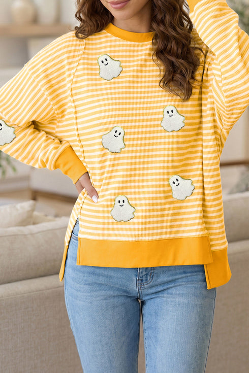 Ghost Patch Stripe Print Round Neck Long Sleeve Tee
