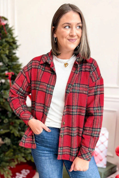 Pure Polyester Plaid Pattern Button Front Shacket