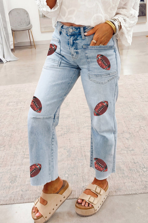 Denim Sequin Rugby Pattern Raw Hem Jeans