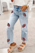 Denim Sequin Rugby Pattern Raw Hem Jeans