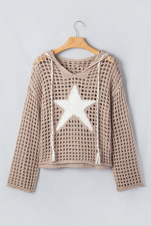 Acrylic Star Pattern Crochet Hooded Drawstring Sweater