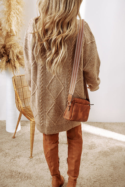 Long Sleeve Cable Knit Crew Neck Sweater Dress