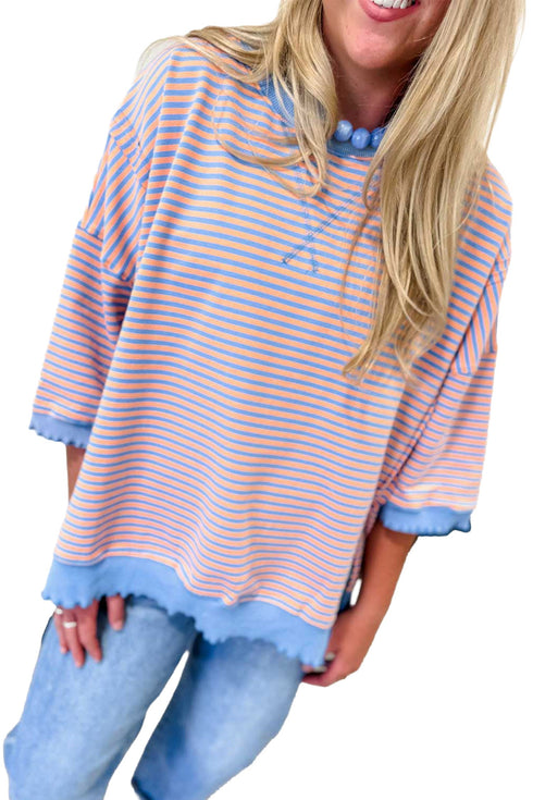 Scalloped Trim Stripe Print Loose Silhouette Top