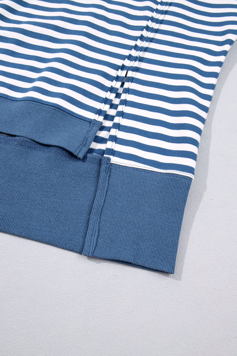Striped Trim Raw Seam Split Hem Loose Pullover Sweatshirt