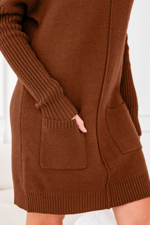 Cozy Mock Neck Ribbed Cuff Pocket Sweater Dress