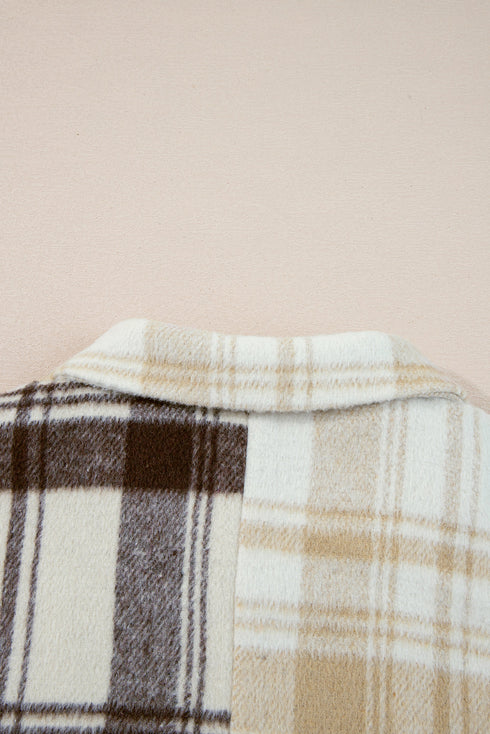 Button Front Patchwork Side Pocket Plaid Shacket