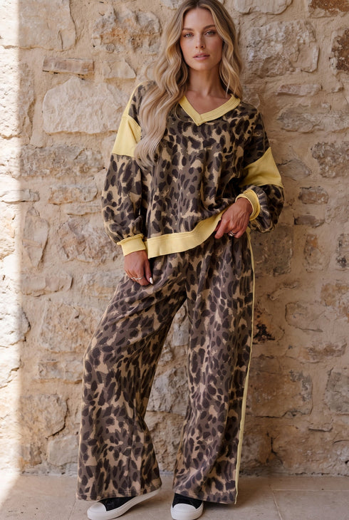 Leopard Print Long Sleeve V Neck Wide Leg Pant Set