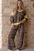 Leopard Print Long Sleeve V Neck Wide Leg Pant Set