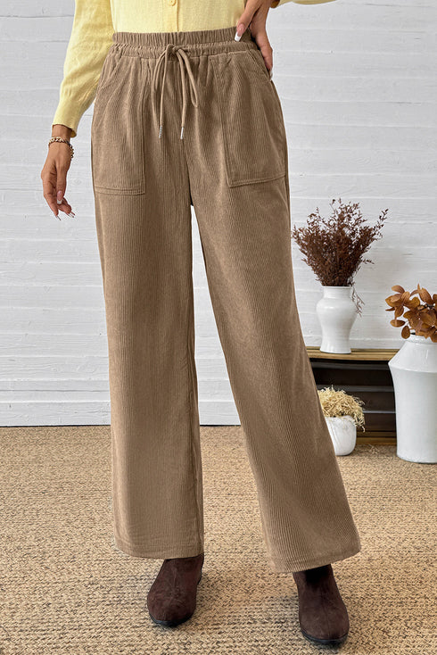 Polyester Tie Elastic Waist Soft Corduroy Pants
