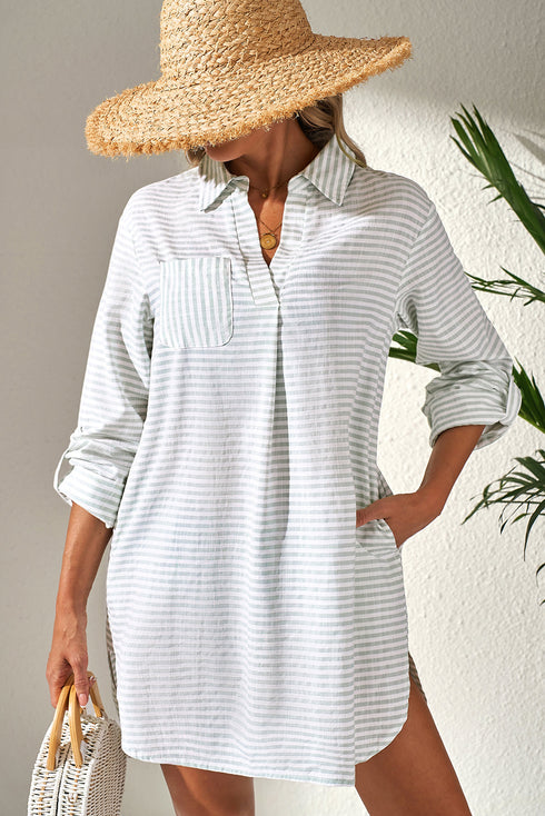 Striped Split Neck Roll Tab Sleeve Pocketed Shirt Dress