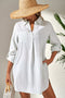 Striped Split Neck Roll Tab Sleeve Pocketed Shirt Dress