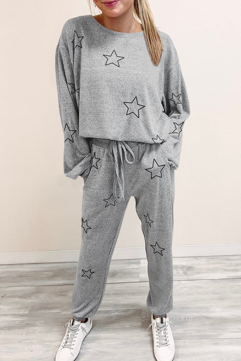 Star Print Long Sleeve Drawstring High Waist Pant Set