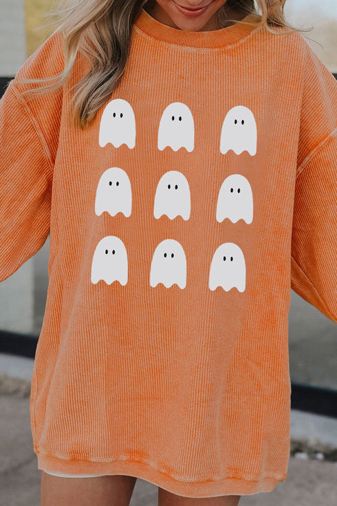 Ghost Print Corded Round Neck Pullover Sweatshirt