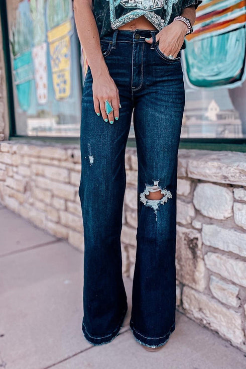 High Rise Ripped Straight Leg Western Denim Jeans