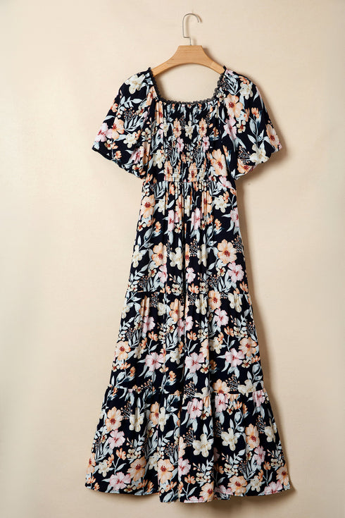 Bohemian Smocked Short Sleeve High Waist Maxi Floral Dress