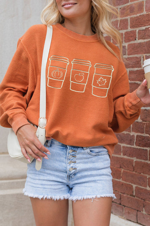 Polyester Ribbed Textured Embroidered Drinks Graphic Sweatshirt