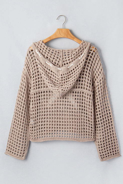 Acrylic Star Pattern Crochet Hooded Drawstring Sweater