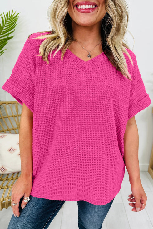 Waffle Knit V Neck Short Sleeve Solid Top