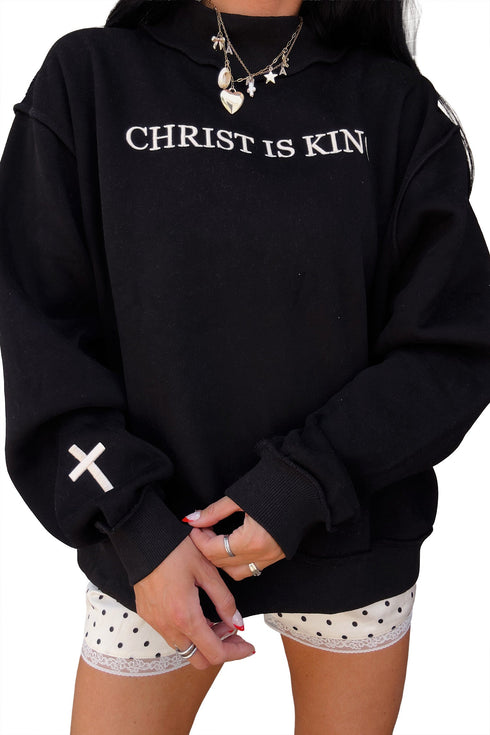 Christ Is King Embroidered High Neck Baggy Sweatshirt