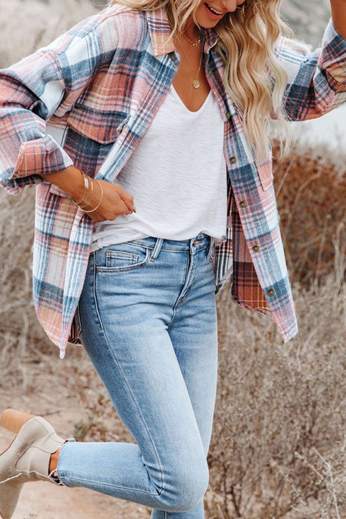 Casual Plaid Print Flap Pocket Button Down Shacket
