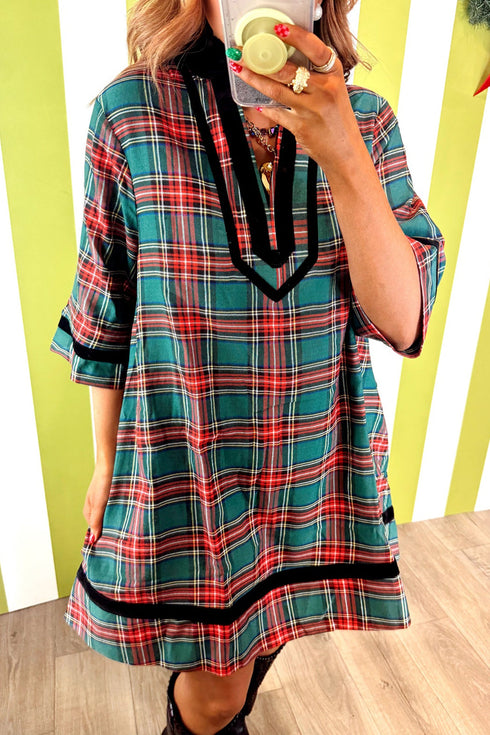 Plaid Velvet Trim Pockets Short Shift Mini Dress
