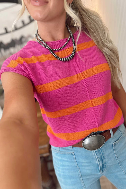 Western Stripe Seam Detail Short Sleeve Knit Sweater