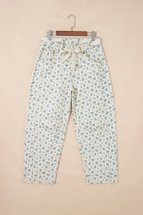 Grommet Knot Waist Floral Barrel Jeans