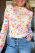 Floral Print Sheer Mesh Lettuce Trim Long Sleeve Top
