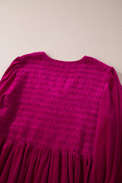 Smocked V Neck Tiered Ruffled Velvet Maxi Dress
