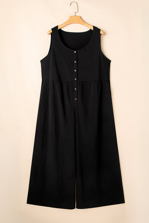 Solid Sleeveless Button Front Loose H Line Jumpsuit