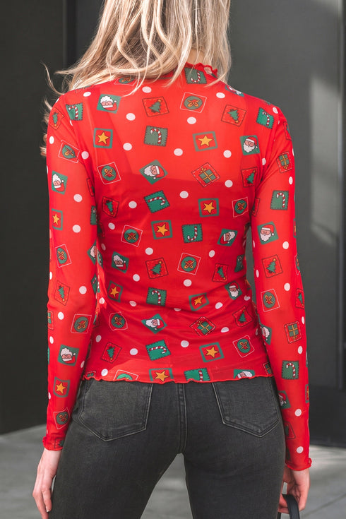 Elements Printed Long Sleeve Sheer Mesh Top
