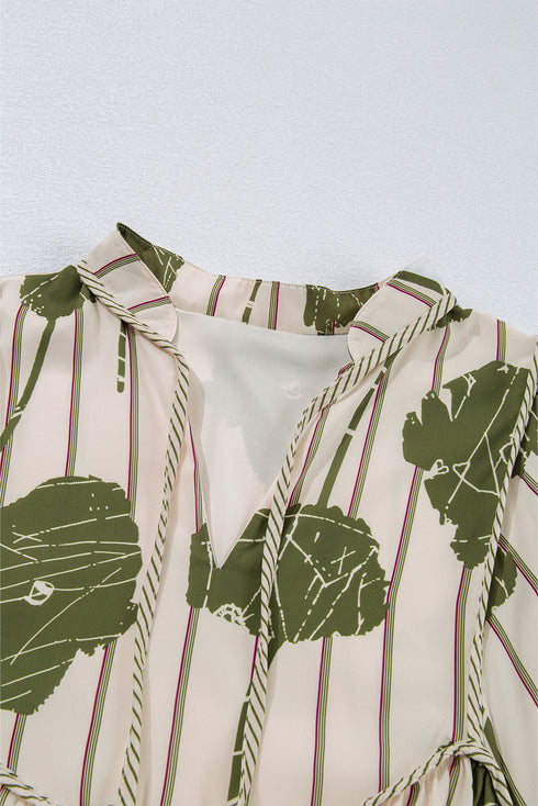 Floral Striped Print Contrast Piping Puff Sleeve Dress