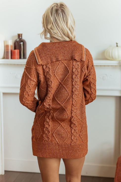 Zip Up Cable Knit Drop Shoulder Sweater Dress