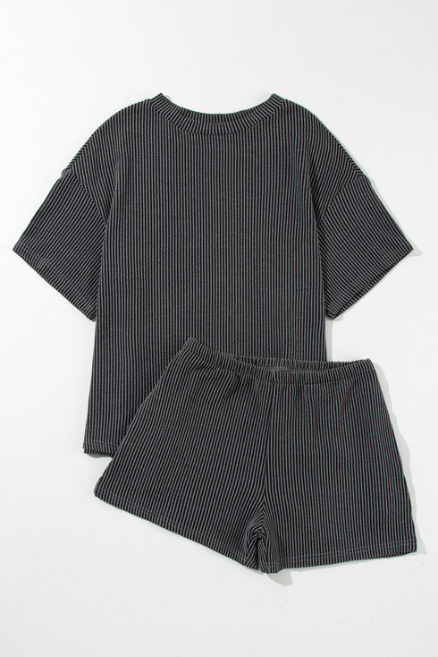 Corded Ribbed Knit Loose Fit Tee And Short Set