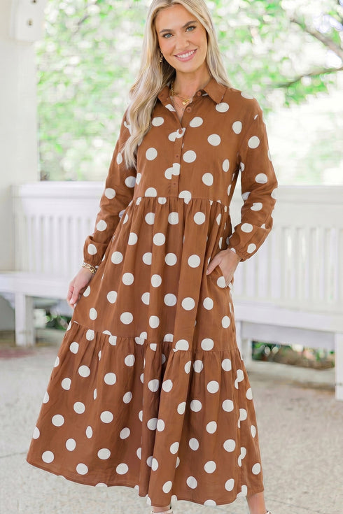 Polka Dot Button Front Long Sleeve Shift Midi Dress
