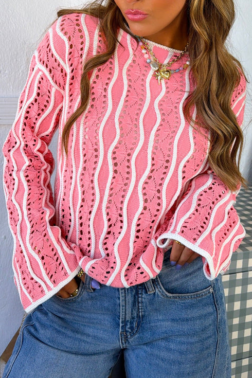 Wavy Hollow Out Knit Long Sleeve Cotton Pullover Sweater
