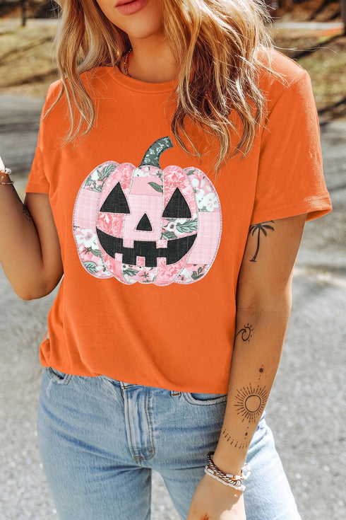 Patchwork Pumpkin Graphic Short Sleeve Round Neck Tee