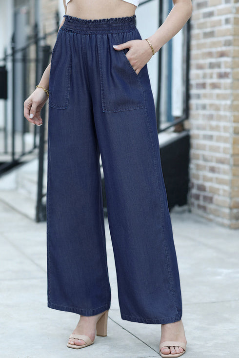 Soft Denim Smocked High Waist Wide Leg Jeans