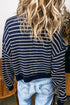Striped Textured Knit Half Zip Collared Long Sleeve Top