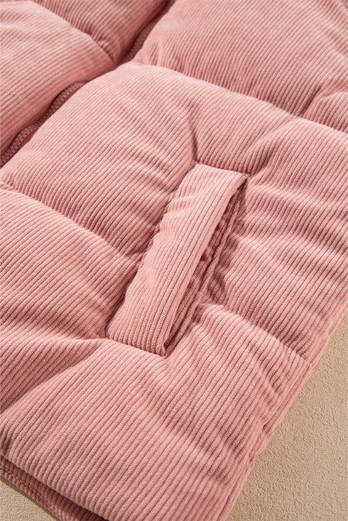 Textured Corduroy Stand Neck Zipped Puffer Vest