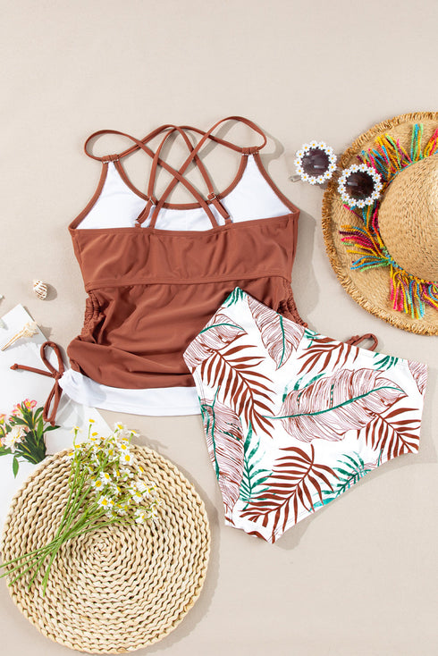 Ruched Side Tie Strap Leaf Print Tankini Set