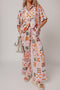 Bohemian Plant Checkered Print Collared Wide Leg Pant Set