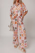 Bohemian Plant Checkered Print Collared Wide Leg Pant Set