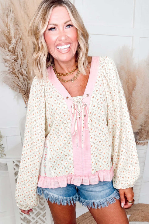 Floral Lace Up V Neck Long Sleeve Blouse